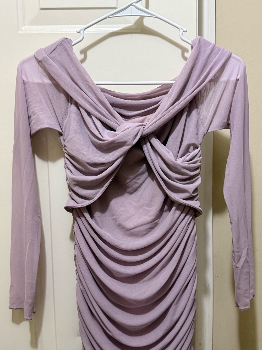Lilac Ruched Twist-Front Long Sleeve Dress